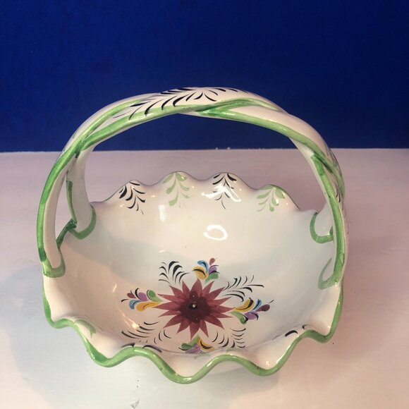 Hand Painted Ceramic Basket w/green trim made by Vestal of Portugal - Picture 1 of 10